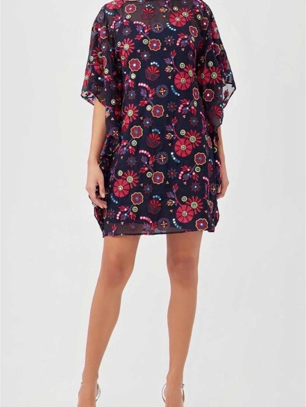 Anissa Floral-Embroidered Mini Caftan